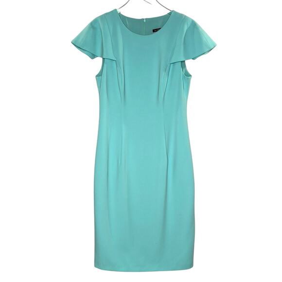 Black Halo 10 Womens Aqua Blue Green Sheath Dress Ruffle Sleeve Desta *flaw - Picture 1 of 12